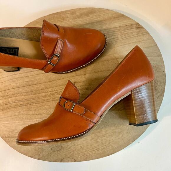 Vintage Dei Colli Made in Italy Tan Genuine Leather Buckle Stacked Heel Shoe 41 - Picture 1 of 15